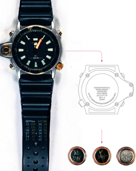 Nærbilde av en Citizen Aqualand dykkerklokke, lik den som ble funnet på Oslo Plaza-kvinnen i 1995.