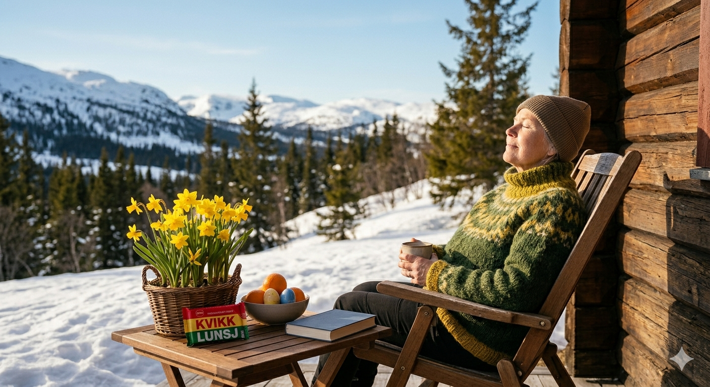 En person sitter på en rolig hytte-solvegg med påskeliljer, appelsiner og Kvikklunsj.